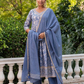 Cornflower Blue Block Printed Muslin Anarkali Suit Set With Kota Doria Dupatta