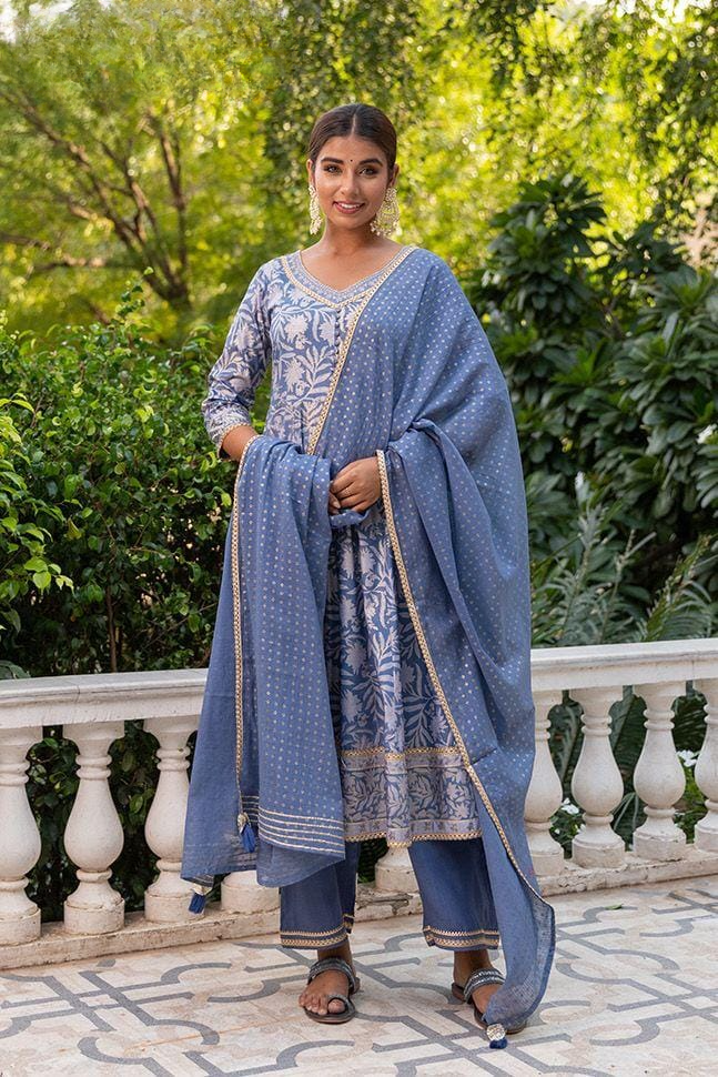 Cornflower Blue Block Printed Muslin Anarkali Suit Set With Kota Doria Dupatta