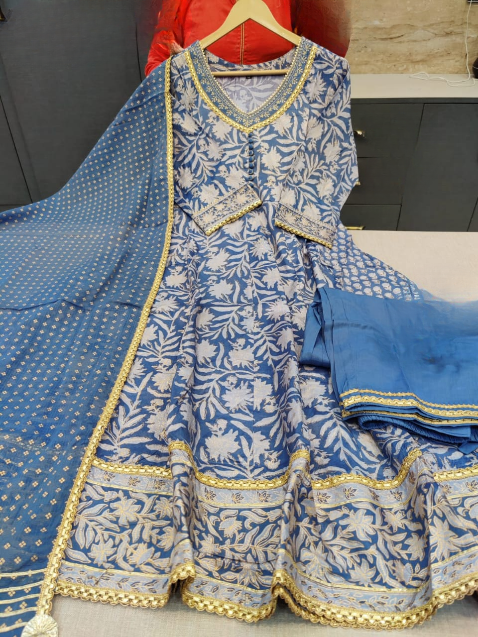 Cornflower Blue Block Printed Muslin Anarkali Suit Set With Kota Doria Dupatta