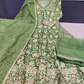 Olive Green Block Printed Muslin Anarkali Suit Set With Kota Doria Dupatta