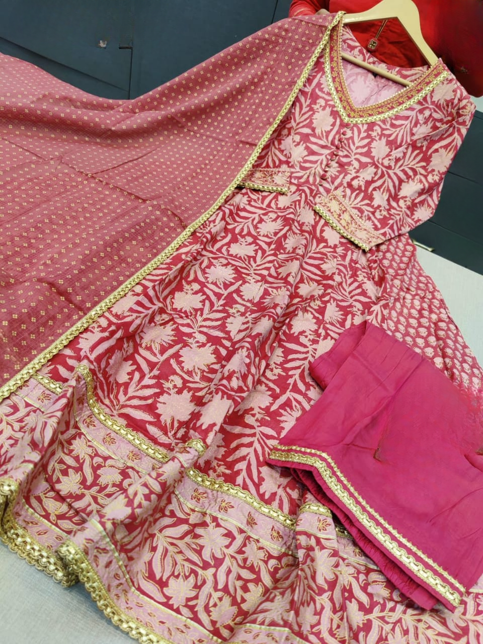 Watermelon Pink Block Printed Muslin Anarkali Suit Set With Kota Doria Dupatta