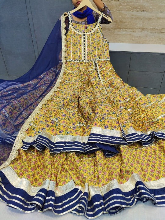 Yellow Floral Designer Anarkali Side Slit Kurti & Sharara Set With Organza Dupatta