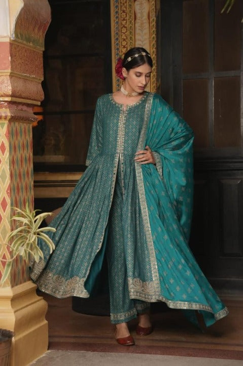 Green Embroidered Front Slit Rayon Anarkali Set with Dupatta