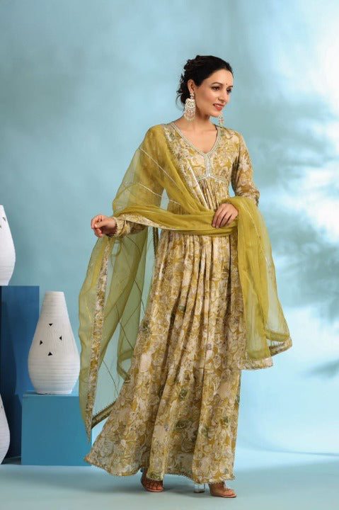 Corn Yellow Designer Angarakha Pattern Anarkali Gown Set With Dupatta