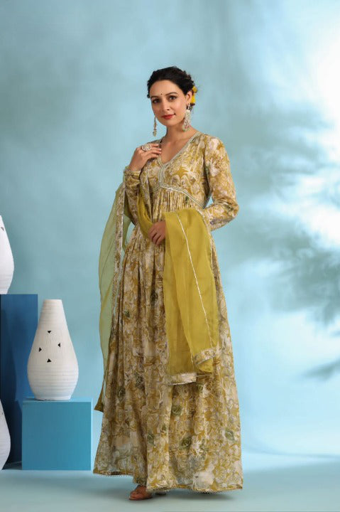 Corn Yellow Designer Angarakha Pattern Anarkali Gown Set With Dupatta