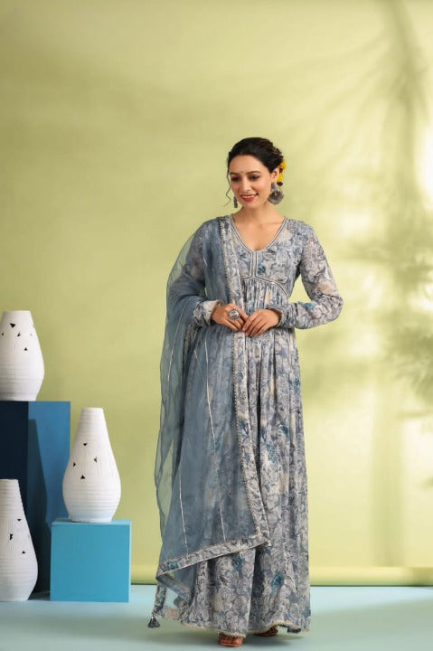 Grey Designer Angarakha Pattern Anarkali Gown Set With Dupatta