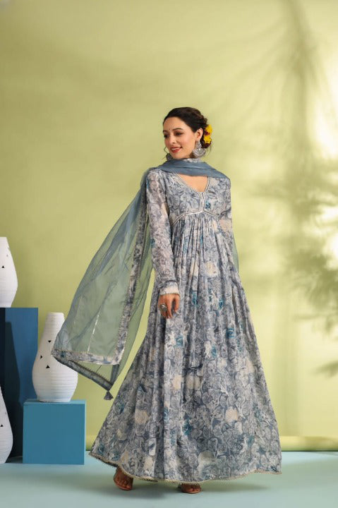 Grey Designer Angarakha Pattern Anarkali Gown Set With Dupatta