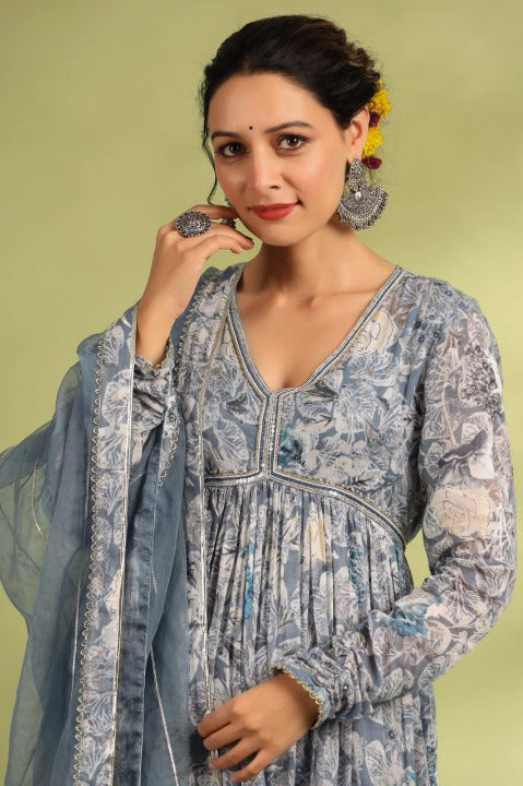 Grey Designer Angarakha Pattern Anarkali Gown Set With Dupatta