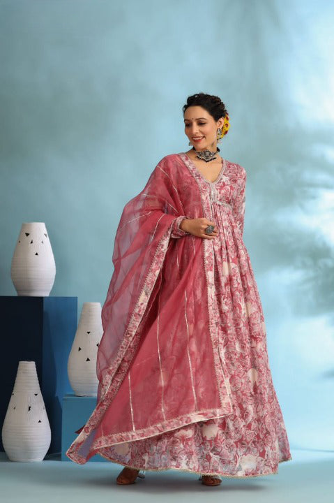 Red Designer Angarakha Pattern Anarkali Gown Set With Dupatta