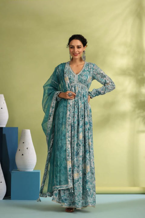 Aquamarine Designer Angarakha Pattern Anarkali Gown Set With Dupatta