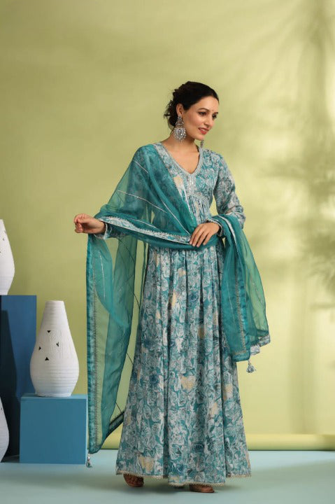 Aquamarine Designer Angarakha Pattern Anarkali Gown Set With Dupatta