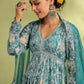 Aquamarine Designer Angarakha Pattern Anarkali Gown Set With Dupatta