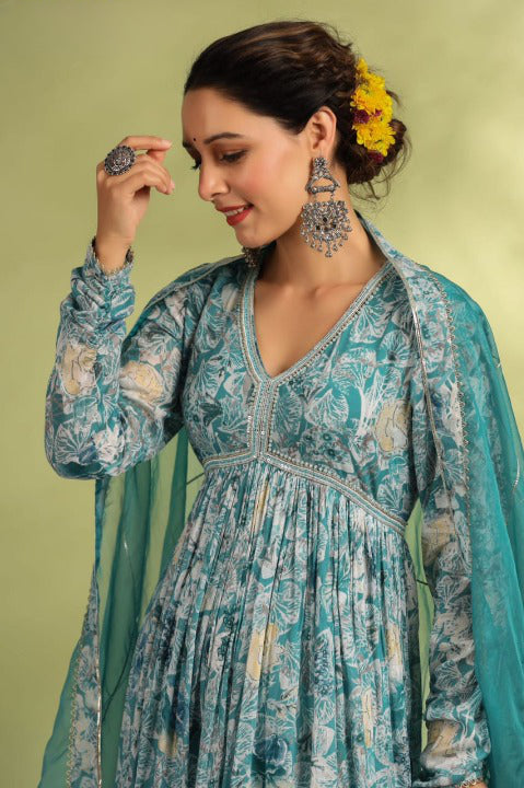 Aquamarine Designer Angarakha Pattern Anarkali Gown Set With Dupatta