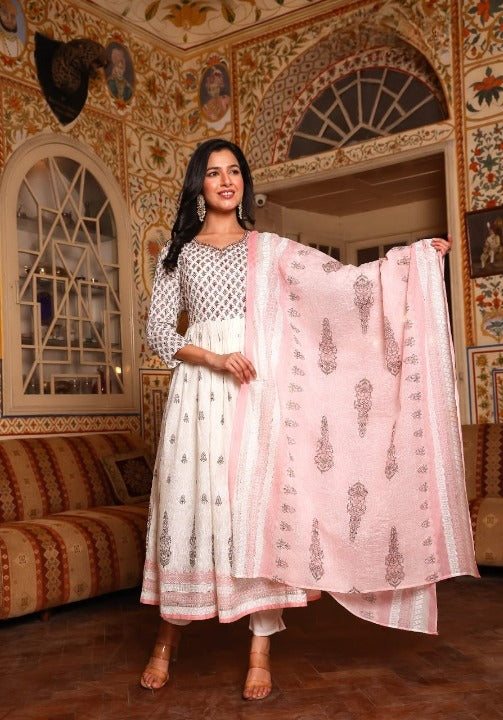 Light Pink Floral Print Mulmul Cotton Anarkali Kurti With Pant And Dupatta