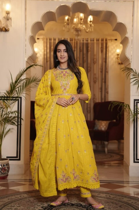 Yellow Rayon Anarkali Kurti Pant Set with Cotton Dupatta