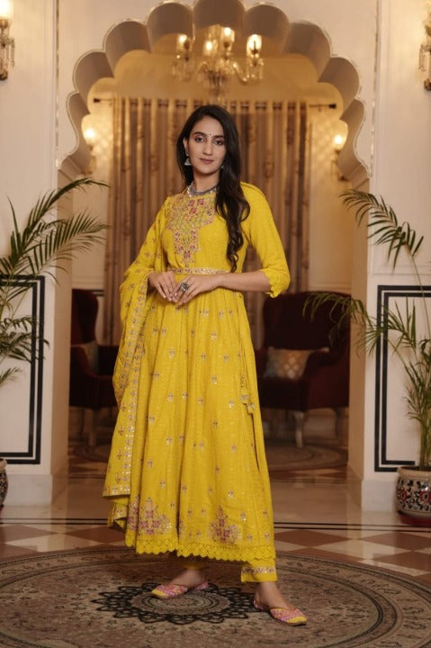 Yellow Rayon Anarkali Kurti Pant Set with Cotton Dupatta