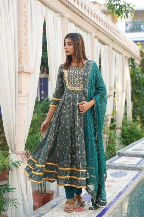 Teal Blue Beautiful Anarkali Kurti With Flex Pant And Chiffon Dupatta