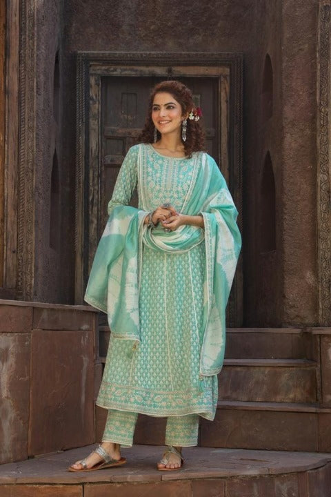 Mint Green Rayon Embroidered Anarkali Kurti Pant Set with Chanderi Dupatta