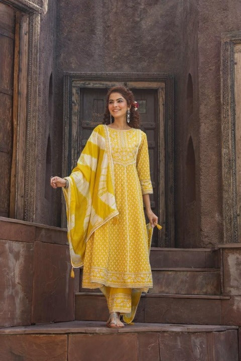 Yellow Rayon Embroidered Anarkali Kurti Pant Set with Chanderi Dupatta
