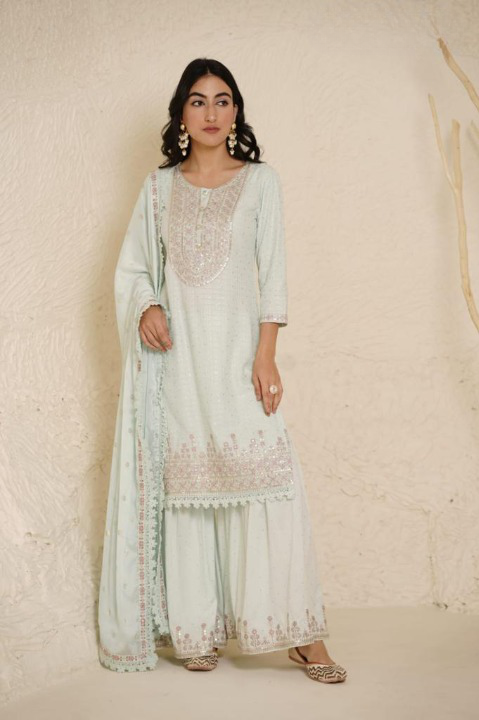 Pastel Blue Designer Schiffili Embroidered Sharara Set With Cotton Dupatta