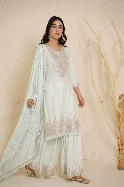 Pastel Blue Designer Schiffili Embroidered Sharara Set With Cotton Dupatta