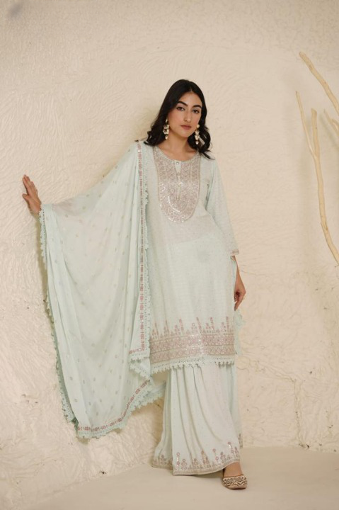 Pastel Blue Designer Schiffili Embroidered Sharara Set With Cotton Dupatta