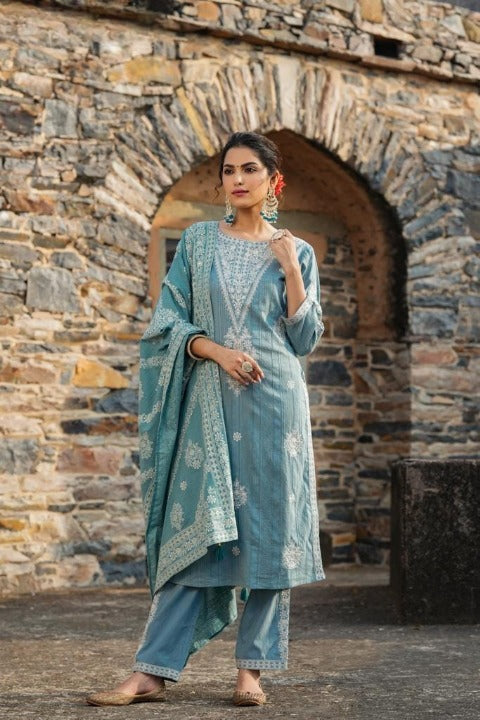 Steel Blue Three Piece Side Slit Nyra Cut Kashmiri Embroidery Kurti With Pant And Dupatta