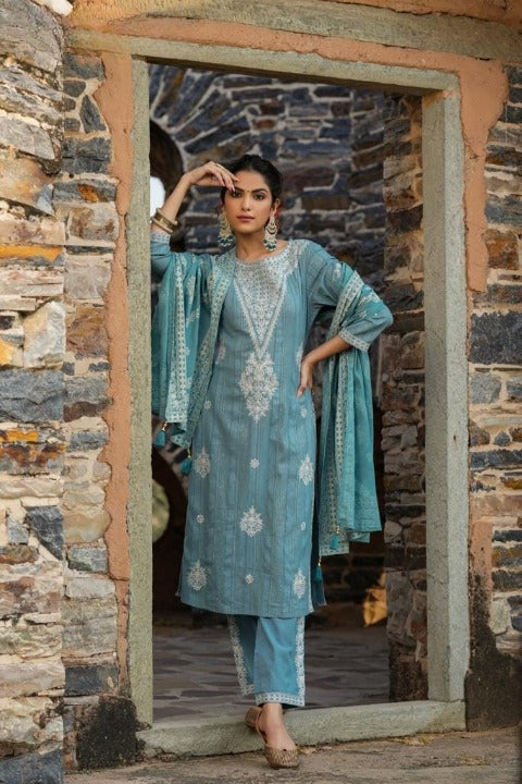 Steel Blue Three Piece Side Slit Nyra Cut Kashmiri Embroidery Kurti With Pant And Dupatta