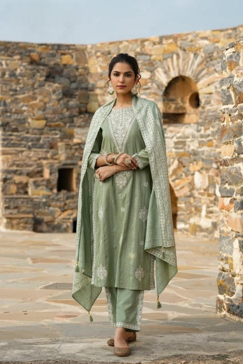 Sage Green Three Piece Side Slit Nyra Cut Kashmiri Embroidery Kurti With Pant And Dupatta