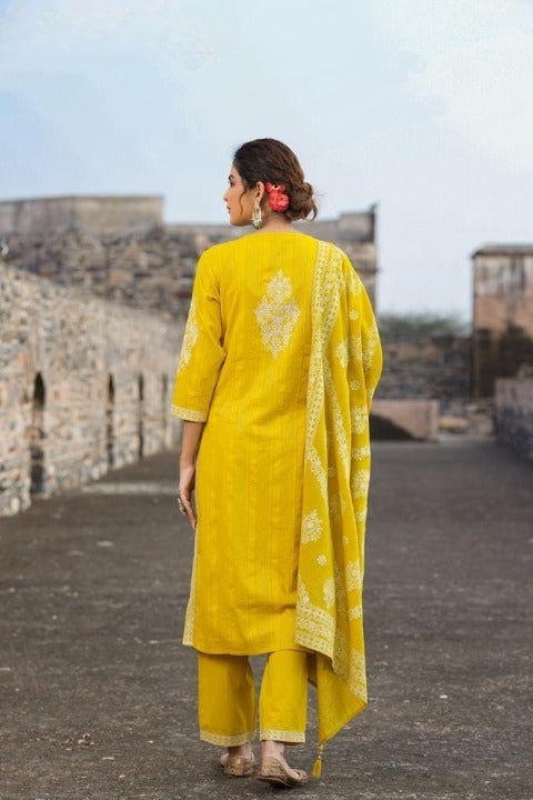 Bright Yellow Three Piece Side Slit Nyra Cut Kashmiri Embroidery Kurti With Pant And Dupatta