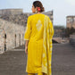 Bright Yellow Three Piece Side Slit Nyra Cut Kashmiri Embroidery Kurti With Pant And Dupatta