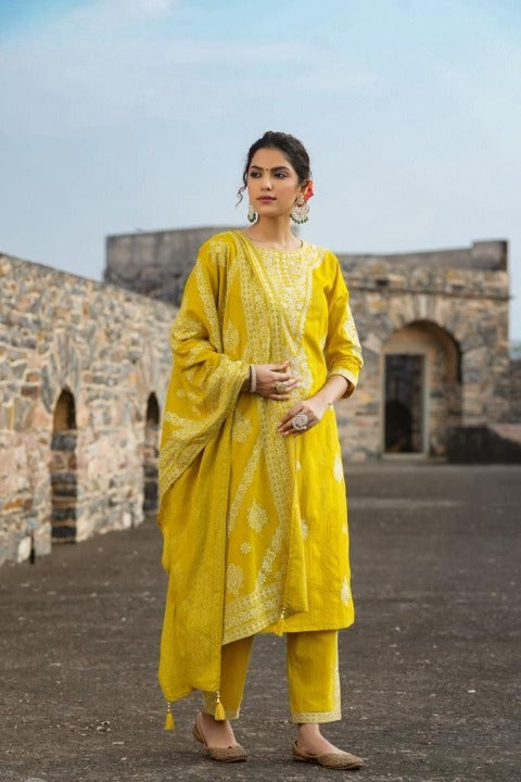 Bright Yellow Three Piece Side Slit Nyra Cut Kashmiri Embroidery Kurti With Pant And Dupatta