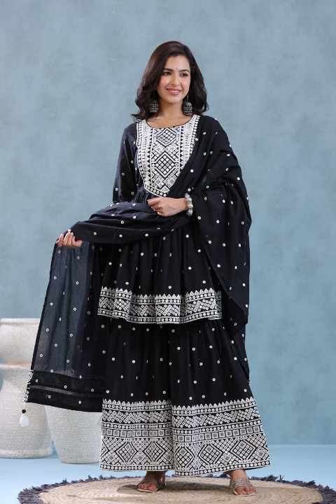 Black Mulmul Cotton Designer Sharara Set With Dupatta & Tassels