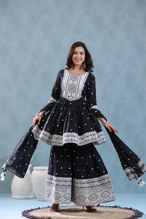 Black Mulmul Cotton Designer Sharara Set With Dupatta & Tassels