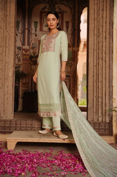 Pista Green Schiffili Embroidered Straight Fit Three Piece Kurti Set