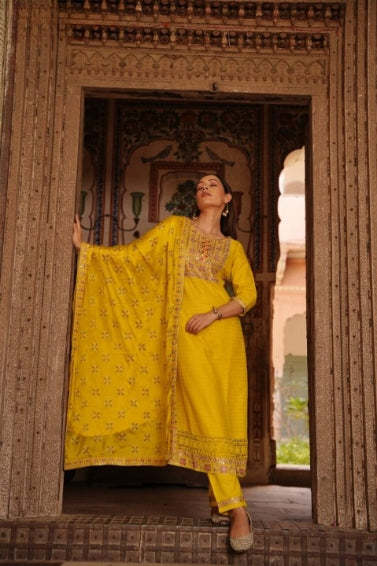 Bright Yellow Schiffili Embroidered Straight Fit Three Piece Kurti Set