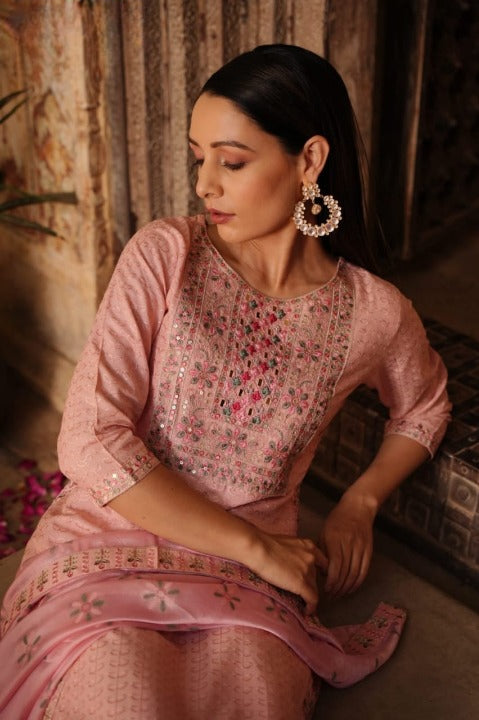 Peach Schiffili Embroidered Straight Fit Three Piece Kurti Set