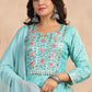 Sky Blue Floral Print Side Slit Muslin Kurti Sharara Set With Dupatta