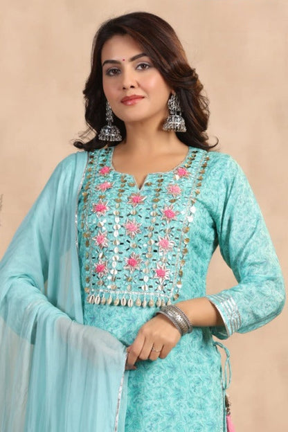 Sky Blue Floral Print Side Slit Muslin Kurti Sharara Set With Dupatta