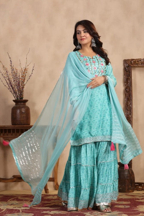 Sky Blue Floral Print Side Slit Muslin Kurti Sharara Set With Dupatta