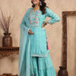 Sky Blue Floral Print Side Slit Muslin Kurti Sharara Set With Dupatta