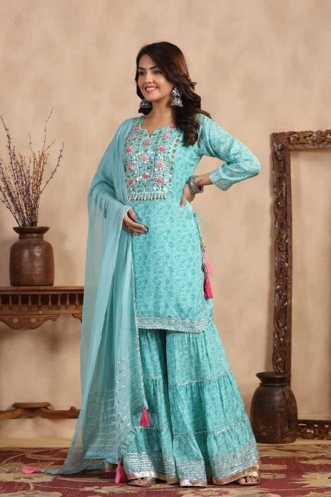 Sky Blue Floral Print Side Slit Muslin Kurti Sharara Set With Dupatta