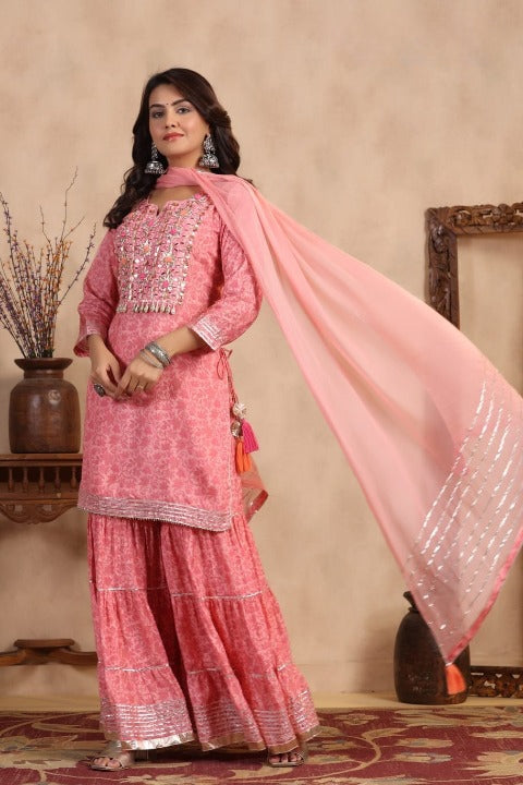 Peach Floral Print Side Slit Muslin Kurti Sharara Set With Dupatta