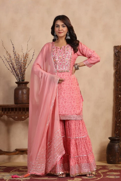 Peach Floral Print Side Slit Muslin Kurti Sharara Set With Dupatta