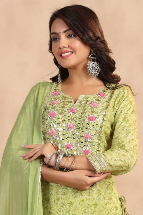 Apple Green Floral Print Side Slit Muslin Kurti Sharara Set With Dupatta