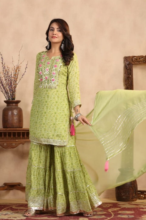 Apple Green Floral Print Side Slit Muslin Kurti Sharara Set With Dupatta