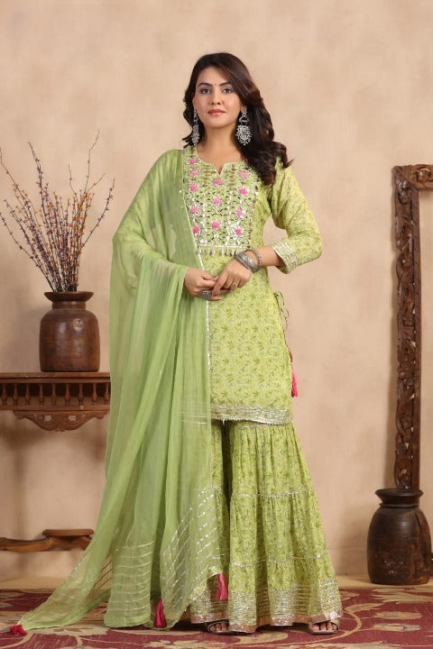 Apple Green Floral Print Side Slit Muslin Kurti Sharara Set With Dupatta