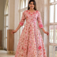 Blush Pink Floral Print Cotton Anarkali Suit Set With Dual Shade Dupatta