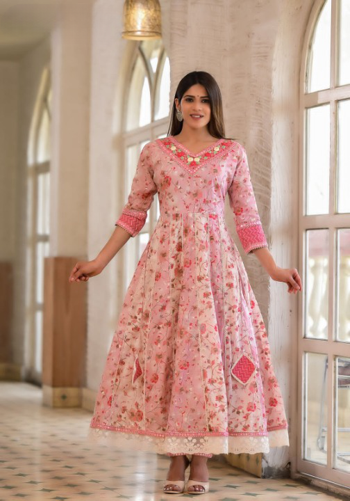 Blush Pink Floral Print Cotton Anarkali Suit Set With Dual Shade Dupatta