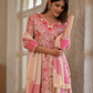 Blush Pink Floral Print Cotton Anarkali Suit Set With Dual Shade Dupatta